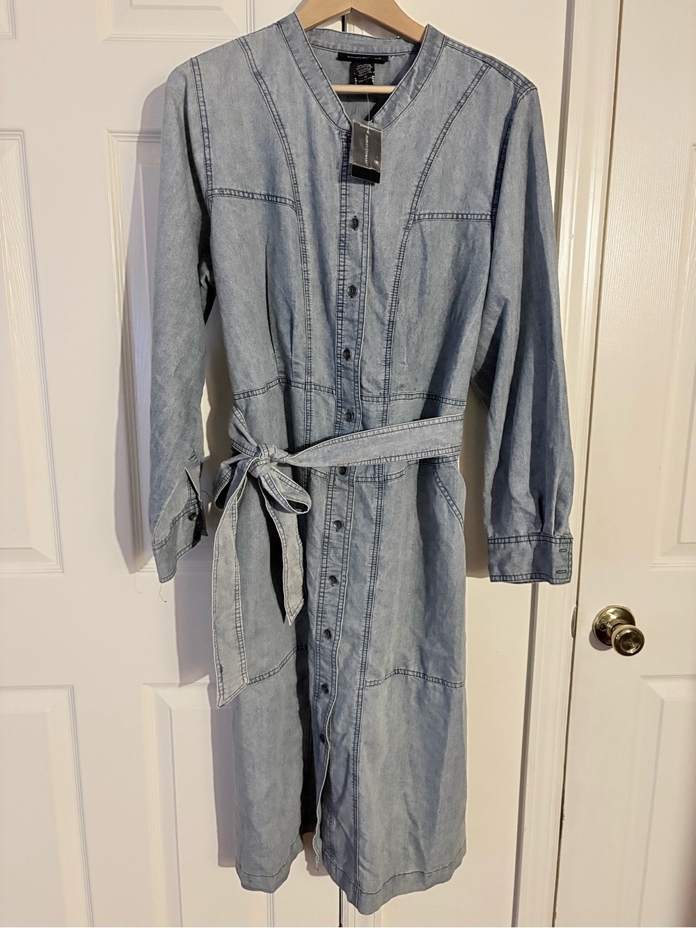 Ashley Stewart Light Blue Denim Button-Front Dress with Tie Belt